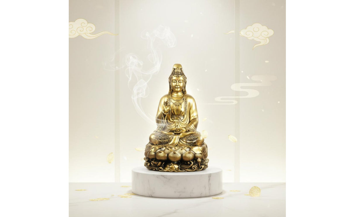 Peace Blessing Guanyin Statue Gold Finish Golden Guanyin Figurine Ornate Details Lotus Base Buddha Statue Traditional Chinese Design for Buddhist Believers, Office Desk