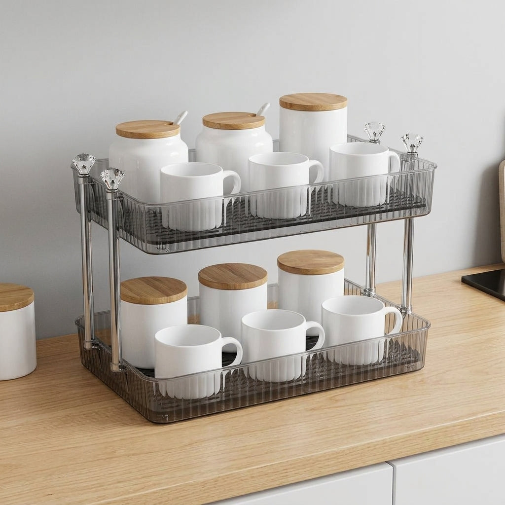 Double-Layer Transparent Storage Rack, Countertop Spice Shelf, Space-Saving for Office and Children's Room