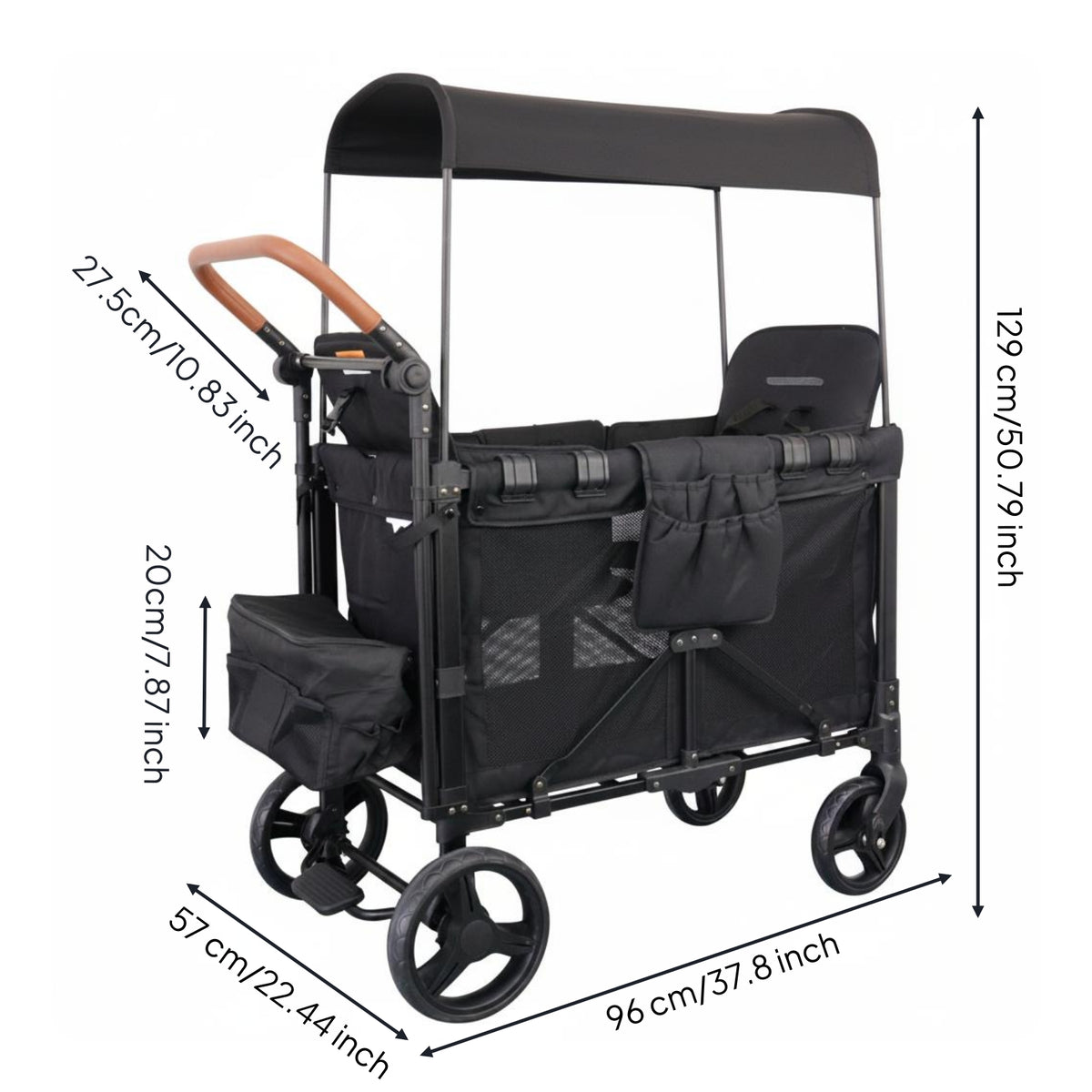 2 Child Wagon Pushchair Metal Frame Foldable Wagon Pushchair Storage Pockets for Camping