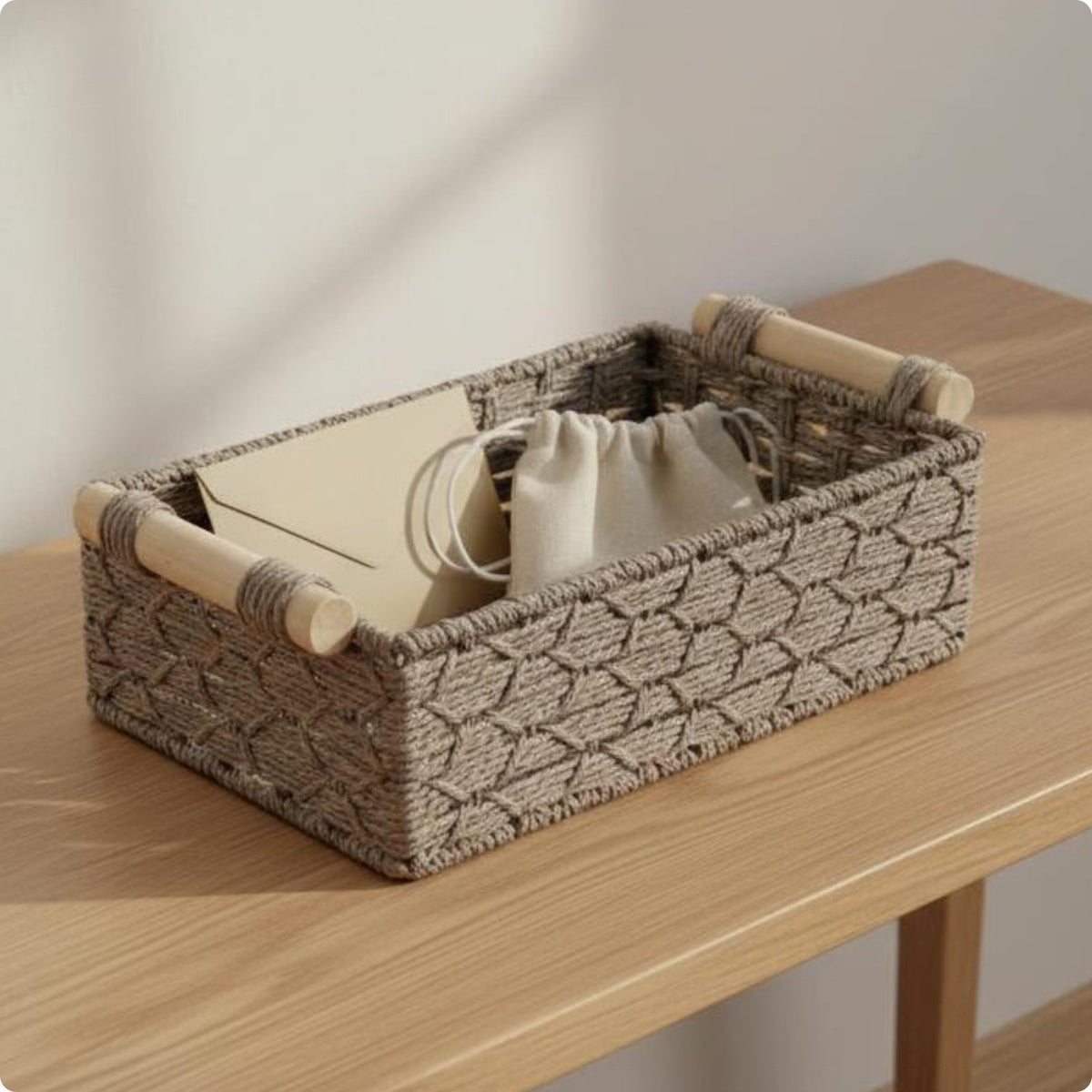 2 Pieces Paper Rope Bin with Handles Wood Handle Bin Long-Lasting Wire Frame