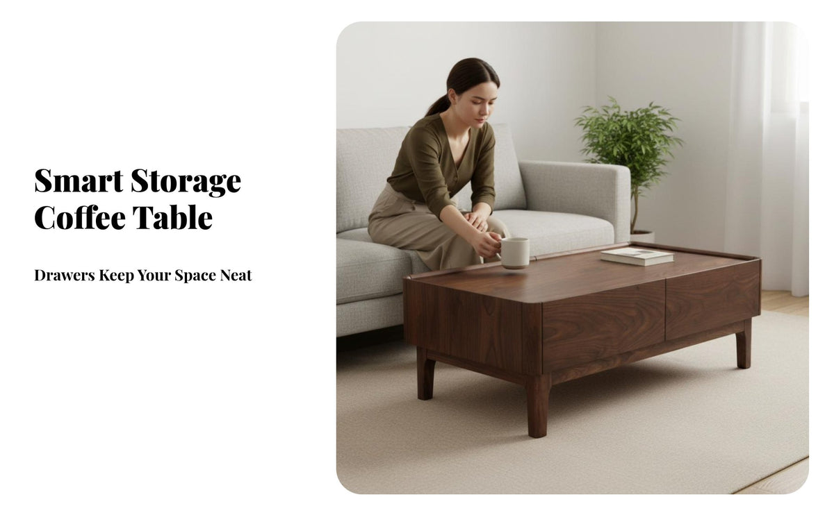 sturdy Wood Construction Wooden Coffee Table with 2 Drawers Modern Minimalist Design Coffee Table with Drawers Large Storage Capacity Living Room Furniture Open Lower Shelf for Apartment Dwellers, Homeowners, Families, Lounge Area