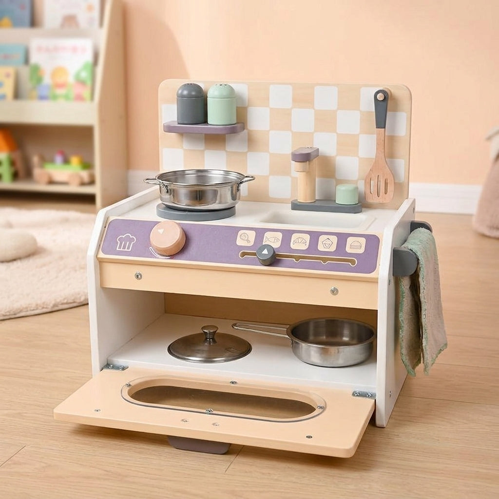 Wooden Toy Kitchen for Girls, Educational Play Kitchen with Accessories, Pretend Play Set for Girls, 33.5x21x32.3cm