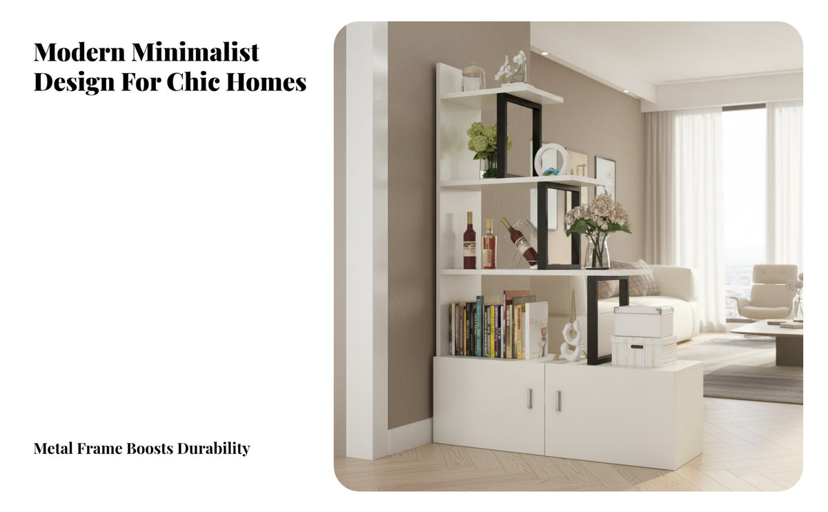 Steel and Wood Construction Room Divider with Shelves Multifunctional Partition Shelf with Cabinet Space Saving Modern Entrance Cabinet Easy to Assemble for Apartment Dwellers, Homeowners, Renters, Small Areas, Office, Bedroom