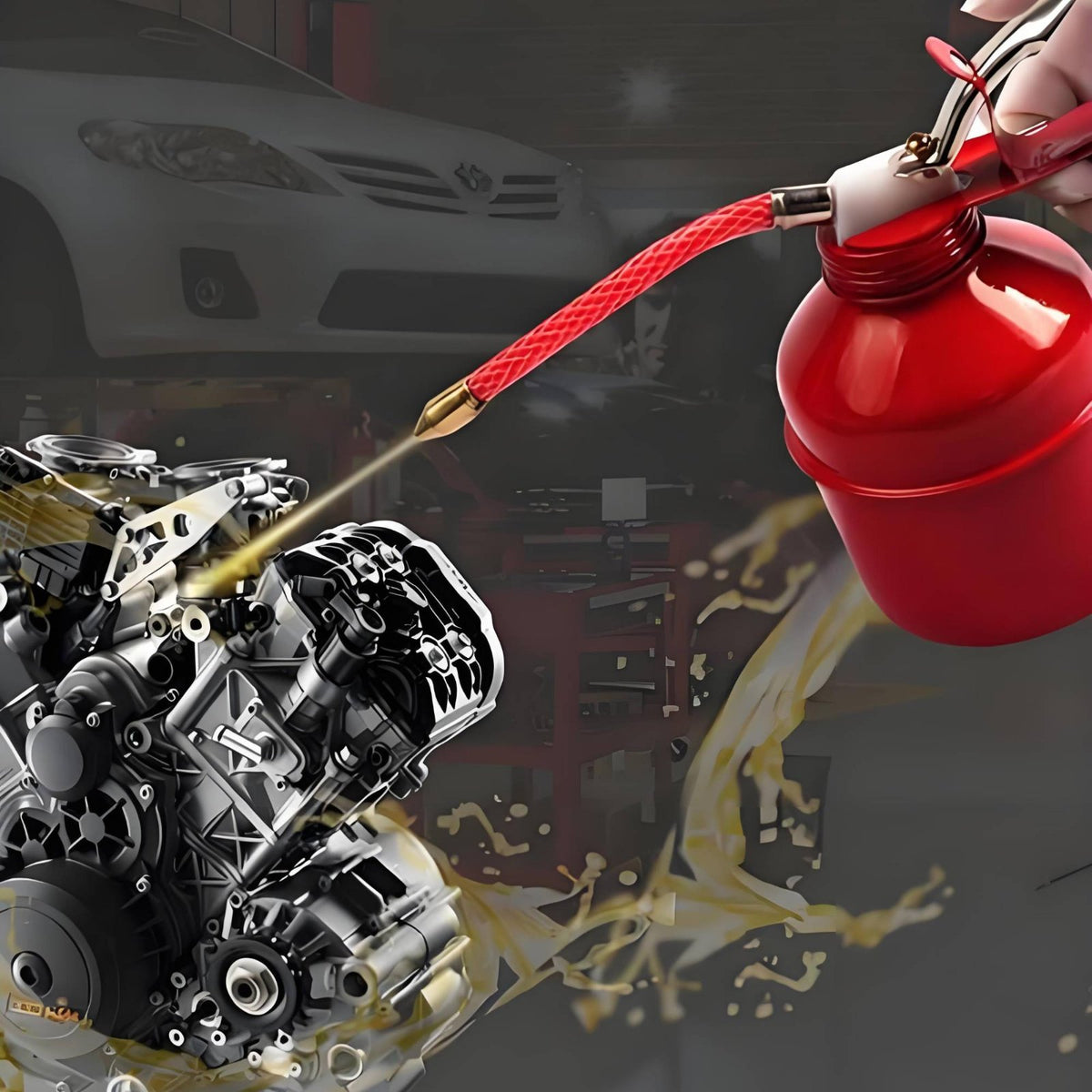 Sturdy Carbon Steel Body Manual Oil Can Leakproof Design Pump Action Oil Ergonomic Handle Lubrication Oiler with Flexible Spout Shock Resistant for Mechanics, Technicians, Automotive Maintenance, Machinery Repair, Workshop, Garage