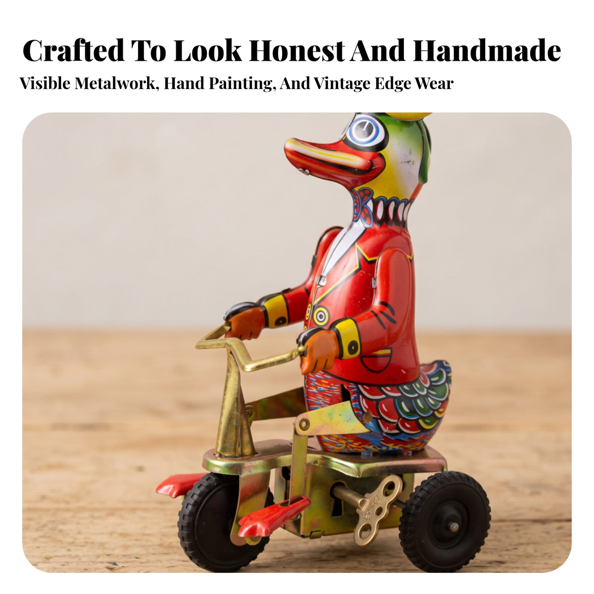 Retro Tinplate Duck with Umbrella Vintage-Style Duck on Tricycle Nostalgic Old-Fashioned for Collectors, Display Shelves, Cafes, Taverns