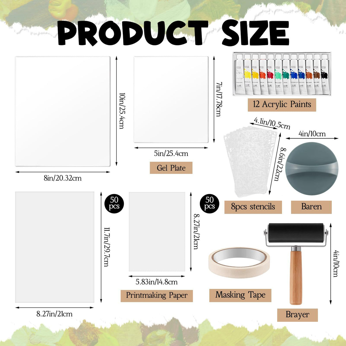 Gel Printing Plate Set with 8x10 Inch and 5x7 Inch Plates, Includes Paper, Acrylic Paint, and Stencils