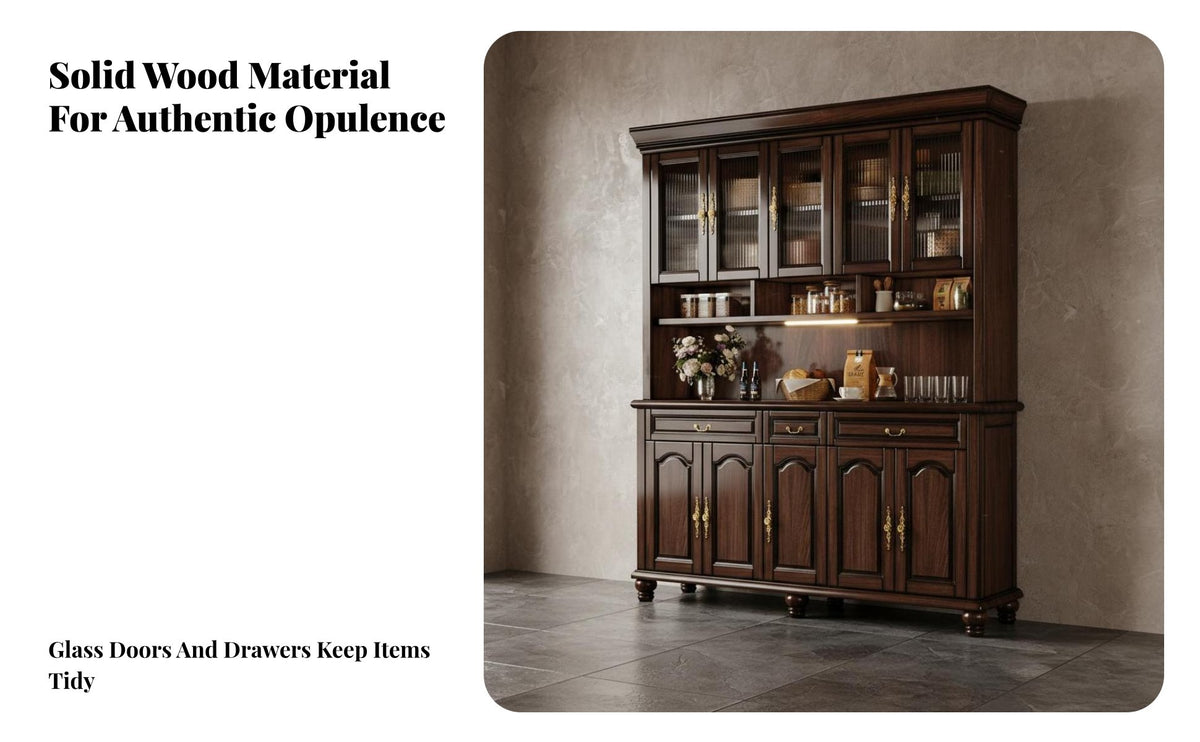Walnut Dining Hutch Large Capacity Solid Wood Buffet with Hutch Multifunctional Classic Kitchen Storage Cabinet for Families, Living Room, Home Office
