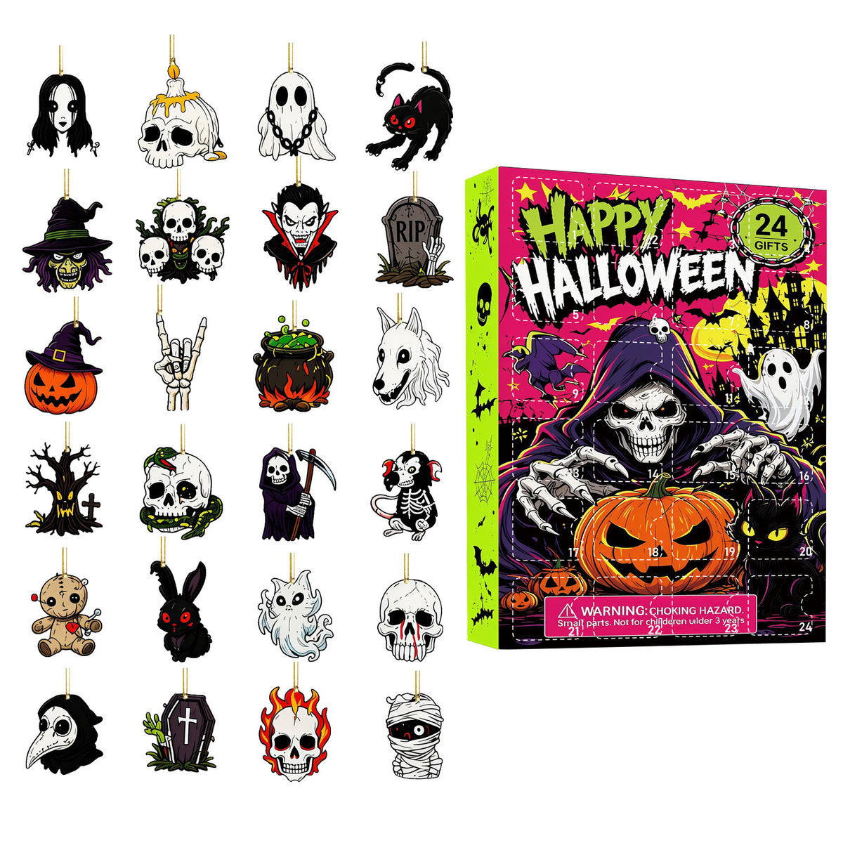 Halloween Ghost Dog Highland Cow Countdown Blind Box Pumpkin Cat Witch Pattern Acrylic Pendant Set