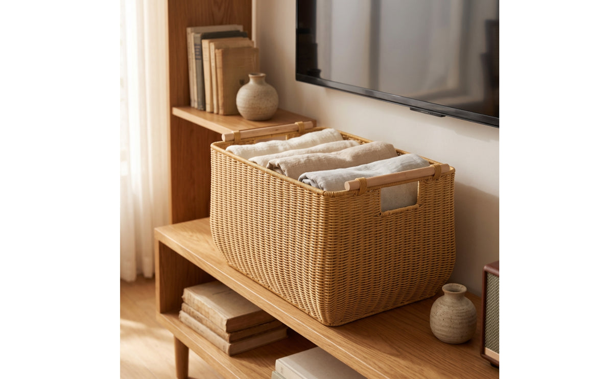 Basket with Wooden Handles Rectangular Rattan Style Basket Open-Top Storage Container Box for Shelves, Closet, Living Room