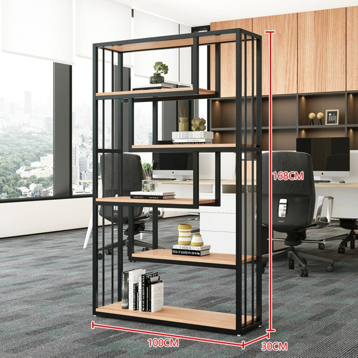 Display Bookcase Freestanding Partition Shelf Industrial Style Bookshelf Multi-tier Display Rack Open Back Metal Wood Bookcase Privacy Screen with Storage Suitable for Office Living Room Entryway Home Decoration