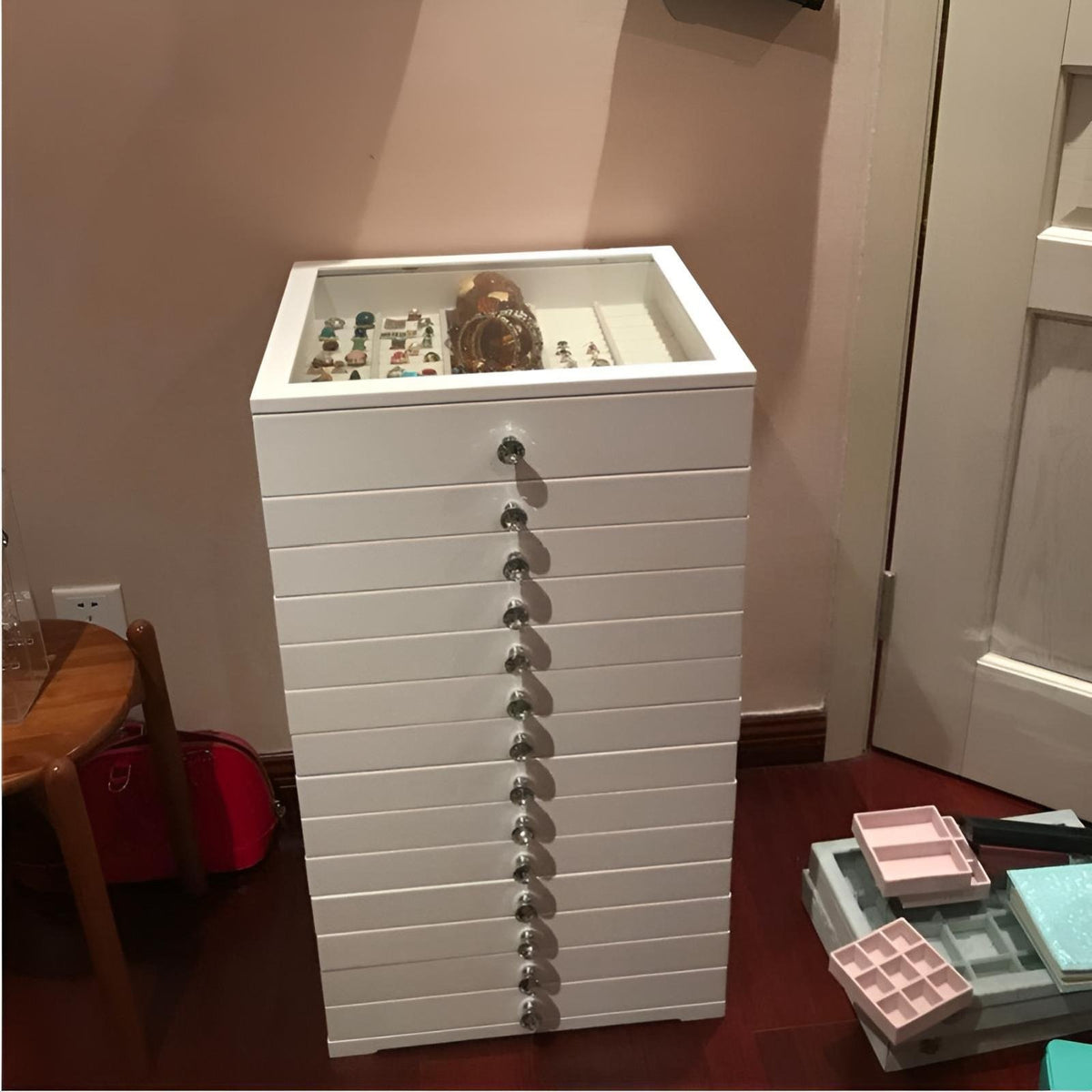 Wooden Jewelry Box, Hardwood Storage Cabinet with Fingerprint Lock, Multitier Organizer for Necklaces, Earrings, Rings