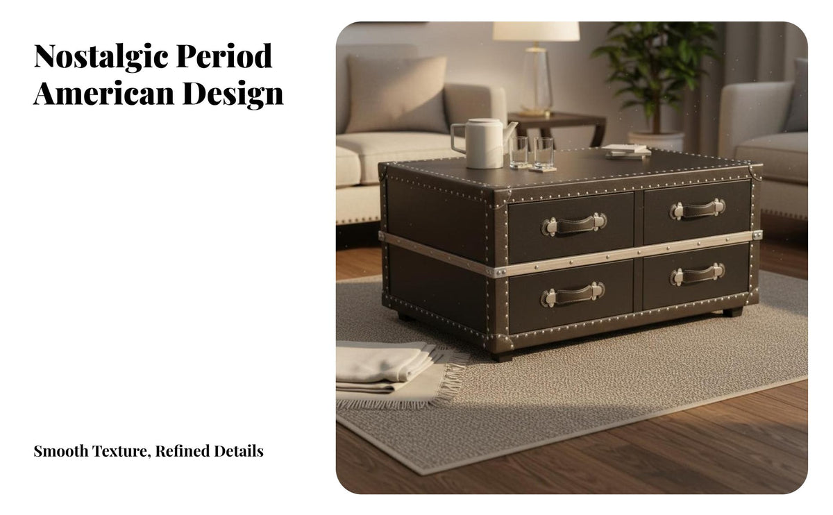 Multi-Functional Retro Trunk Coffee Table Studded Detailing Vintage Trunk Table Nailhead Trim 4-Drawer Storage Chest Metal Hardware for Interior Decorators, Homeowners, Hotel Managers, Clubhouse, Bedroom, Home Office, Entryway