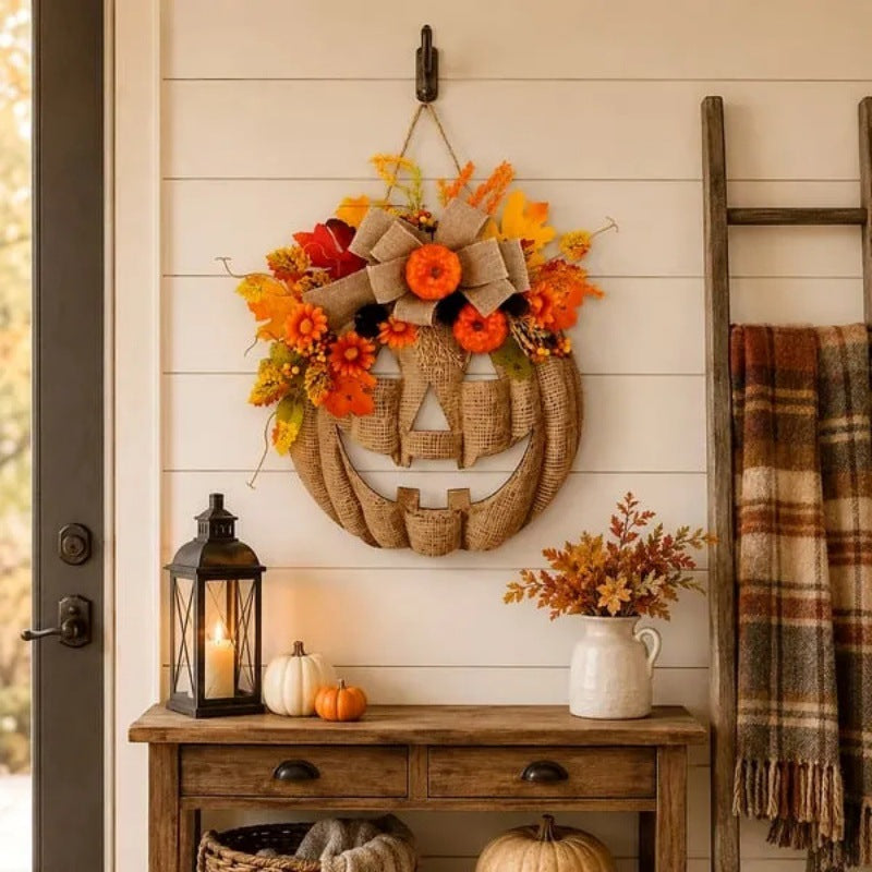 Halloween Pumpkin Door Wreath with Maple Leaves Wall Hanging