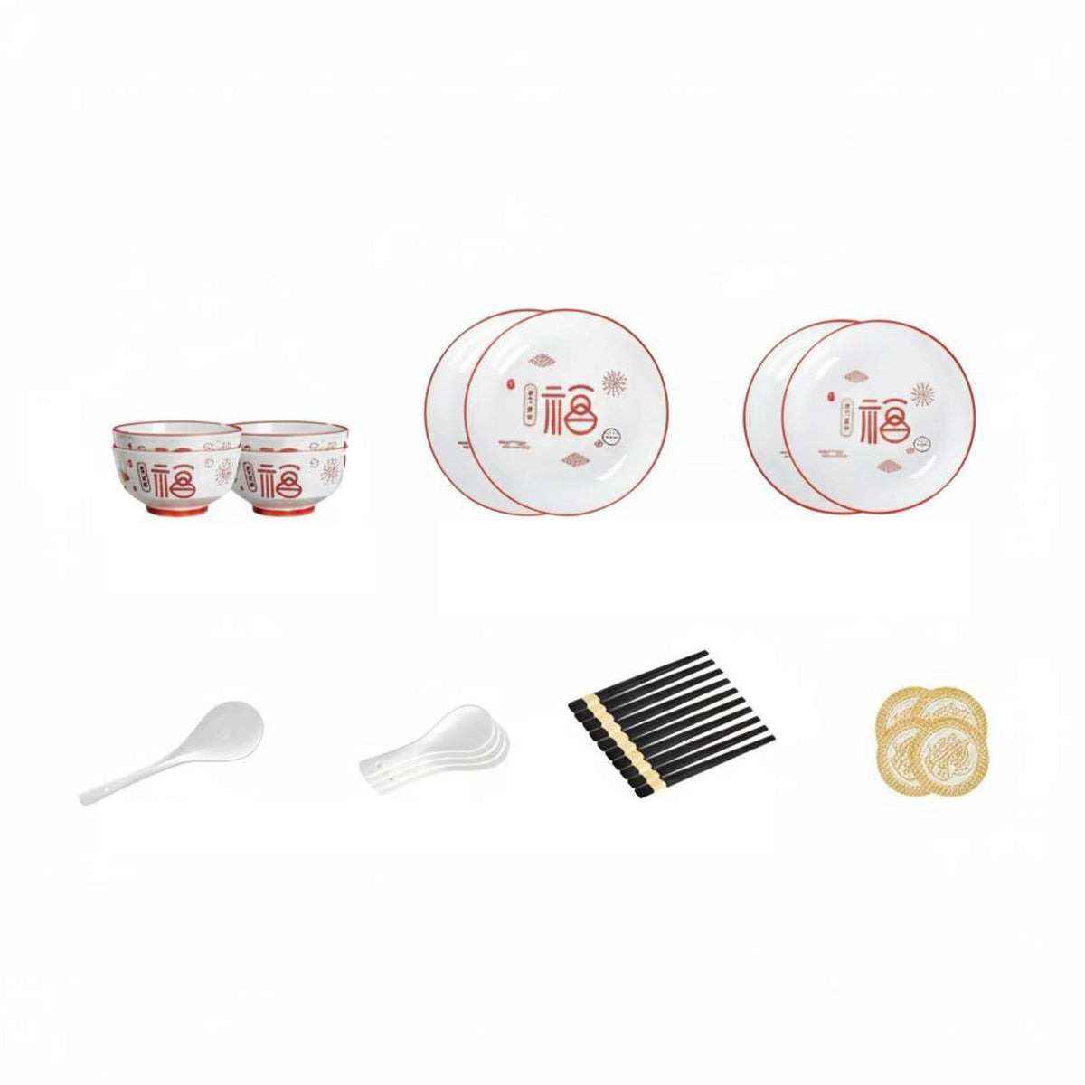 Ceramic Dinnerware Set, Chinese Style Tableware, Wedding Gift Box, Red Festive Bowls & Chopsticks, Home Use