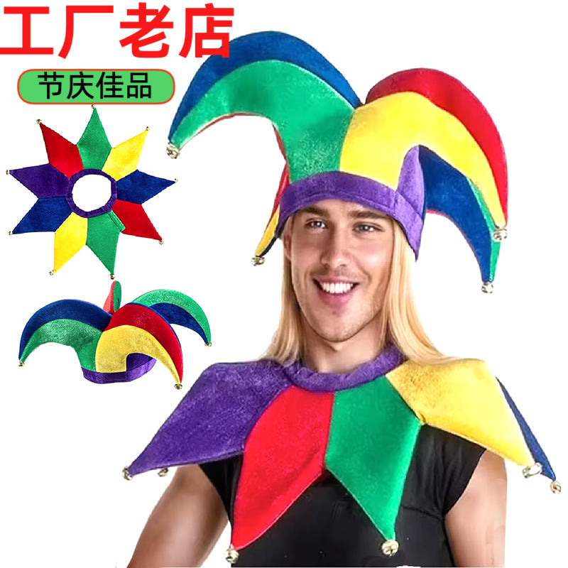 Multicolor Patchwork Velvet Cape and Jester King Hat Costume Accessory with Cane