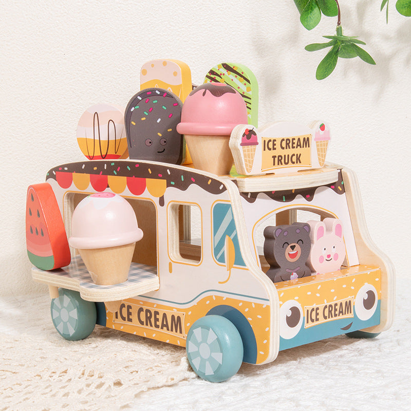 CPCE Wooden Ice Cream Model Pretend Play Ice Cream Cart Toy for Kids
