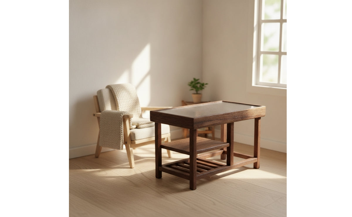 Wood-Grain Dollhouse Table with Shelves Realistic Miniature Living Room Table Decorative Furniture Compact for Photography Props