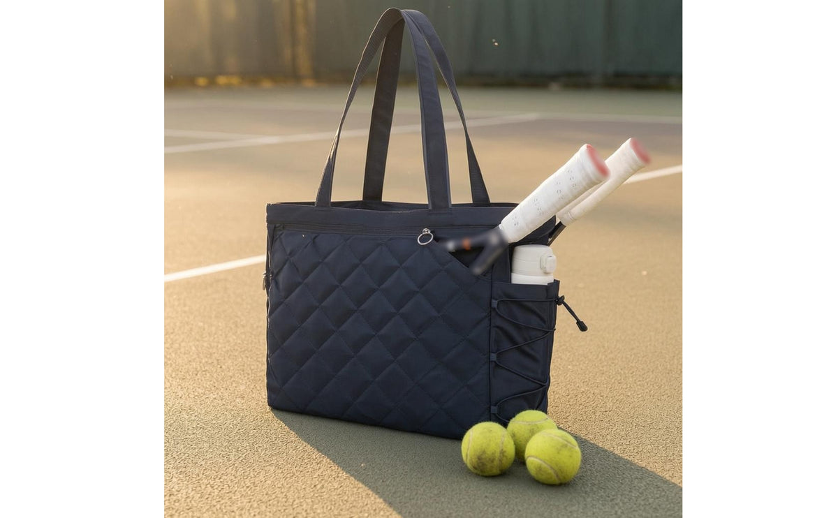 Shoe Compartment Quilted Tennis Tote Bag Top Zip Tennis Tote Bag Side Pockets Sports Carryall Pair Handles