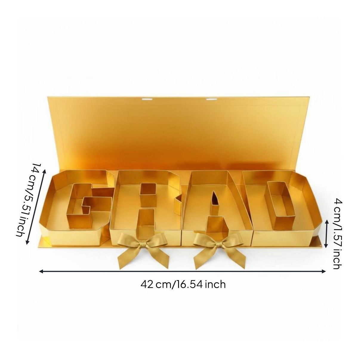 Graduation Gift Box Gold Finish GRAD Letter Box Fold-out Lid Ribbon Bows for Graduates