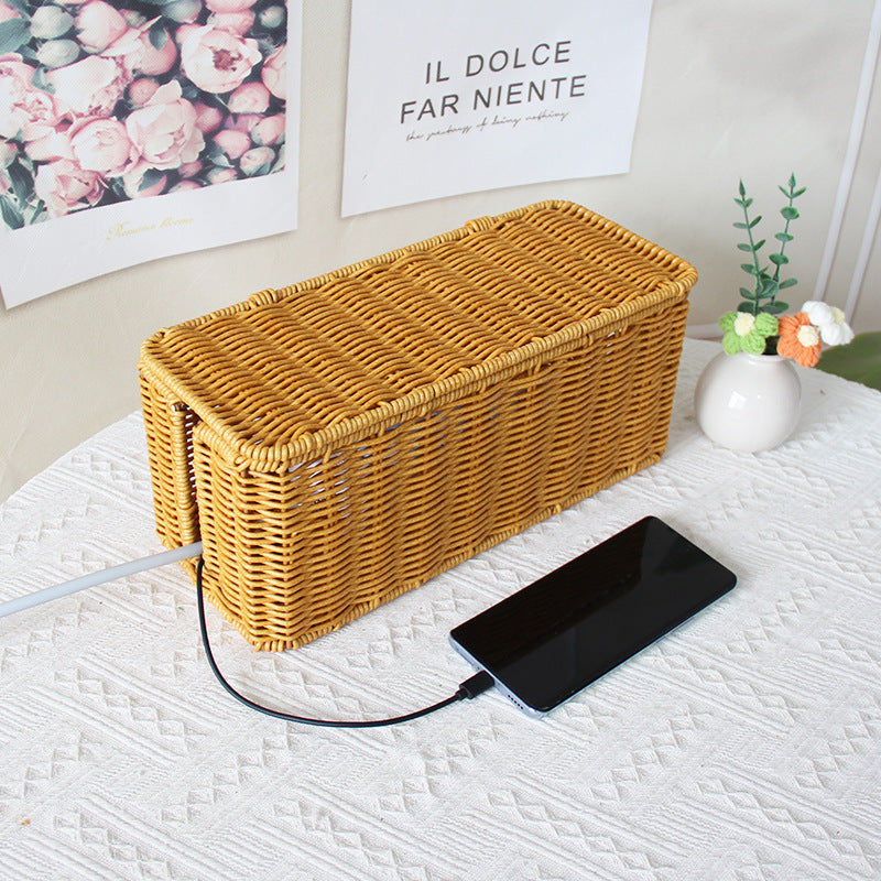 Rattan Weave Storage Basket for Desk, Cable Organizer Box, Plastic, Modern Simple Style