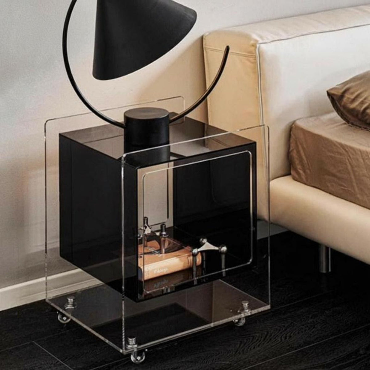 Transparent Accent Table With Wheels Bedside Cabinet Minimalist Design