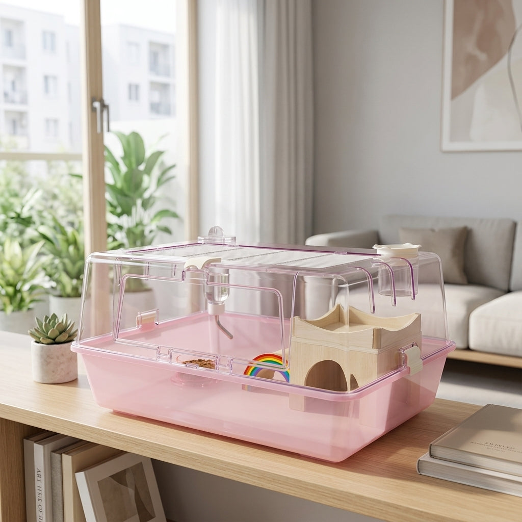 Large Hamster Cage with Panoramic View, Clear Transparent Habitat for Syrian Hamsters, Top Opening Design with Exercise Wheel and All Accessories