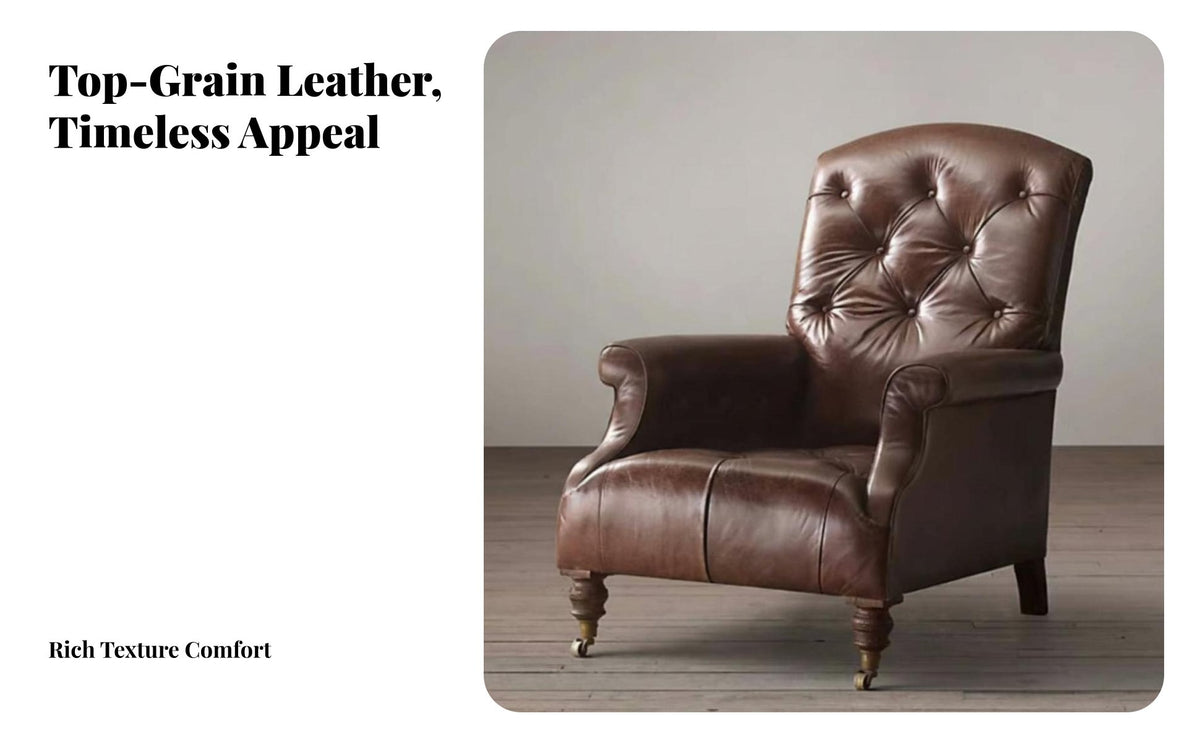 Top-Grain Cowhide Button-Tufted Armchair with decorative fasteners Vintage Western design Button-Tufted Club Chair Oil Wax Finish Lounge Seating Nailhead Trim for Interior Design aficionados, Homeowners, Living Room, perusing corner, Home Office, Library