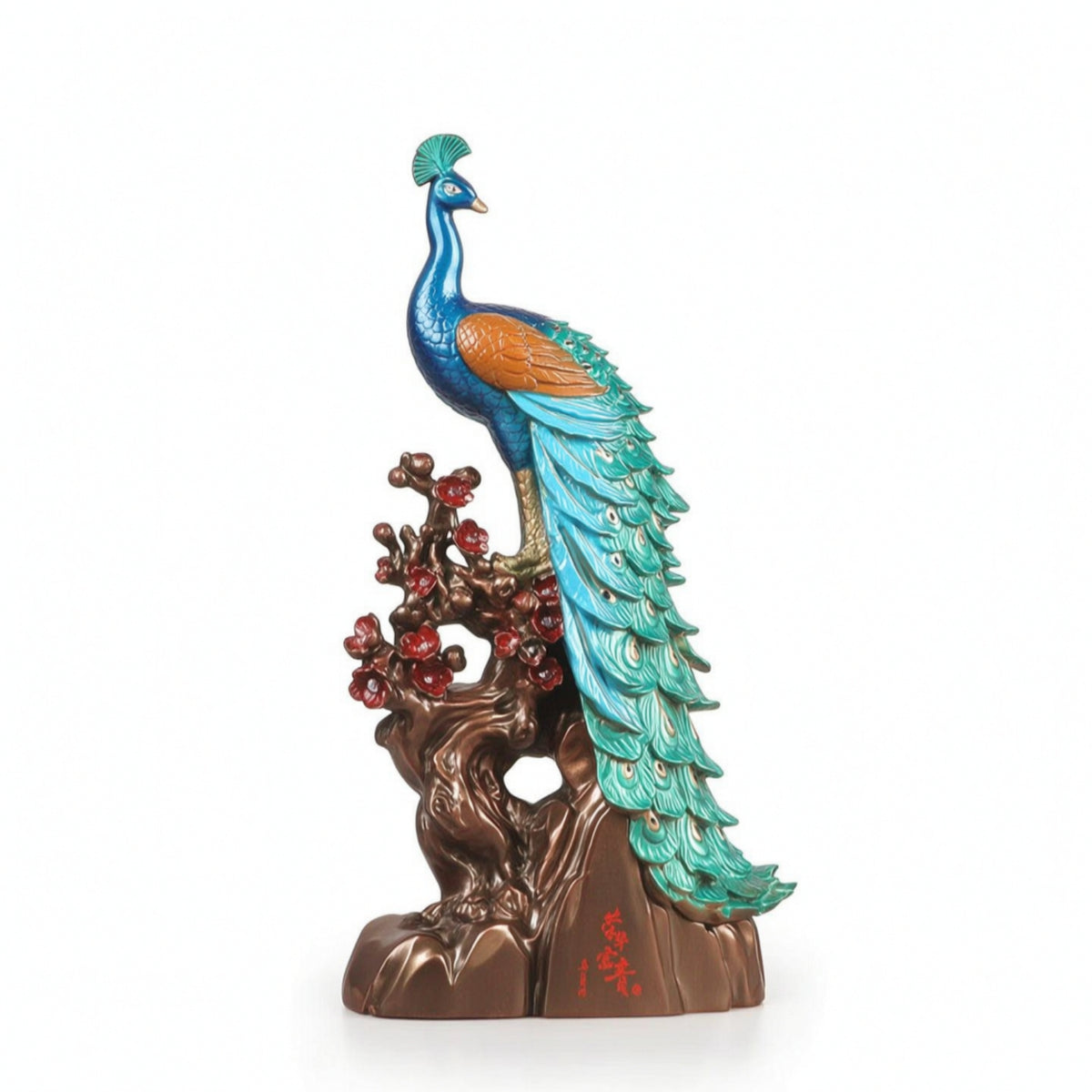 Peacock Sculpture with Branch Base Ornamental Peacock Figurine Collectible