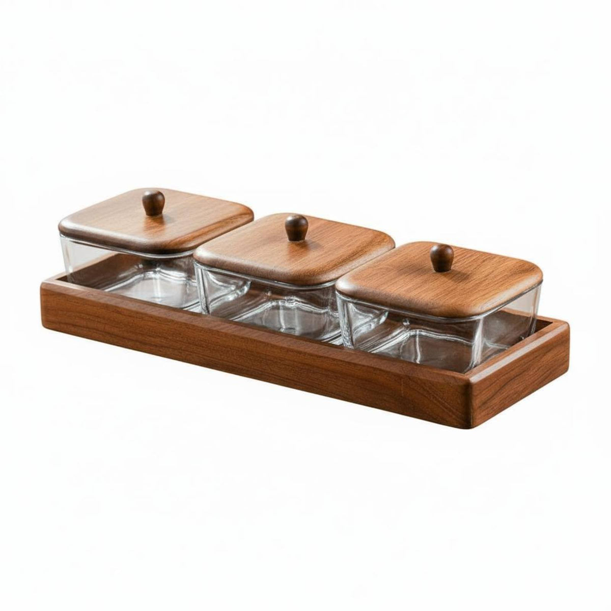 Glass Relish Dish Set with Wooden Tray Keeps Food Fresh & Dustproof Divided Serving Tray with Lids Retro Hammered Texture for Party Hosts, Parties