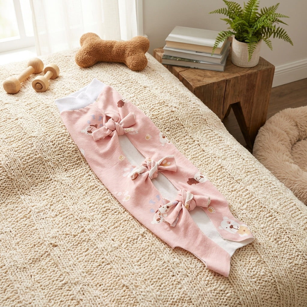 Cat Recovery Suit with Full Jumpsuit Legs, Printed Sterilisation Suit for Female Cats, Post Surgery Clothes with Ties, Anti Licking Wear After