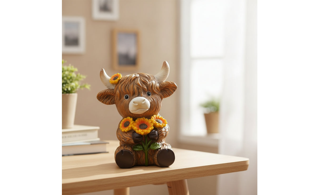 Scottish Cattle Figurine Cute Cow Statue with Flowers Farmhouse Resin Figurine for Collectors, Gardeners, Home Decor, Garden, Bookshelf