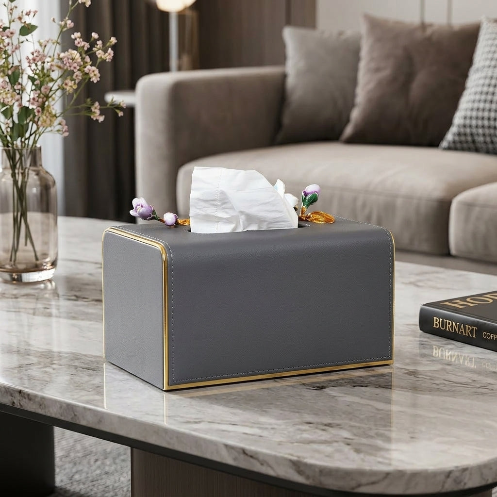 Leather Tissue Case, Gray, Living Room, Rectangular, Stylish, Tissue Cover