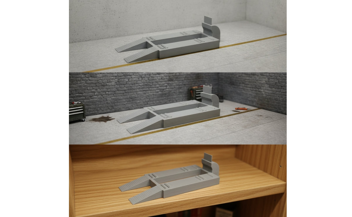Industrial-Style Car Lift Diorama Model Low-Profile Car Lift Model Functional Display Ramp Realistic for Hobbyists