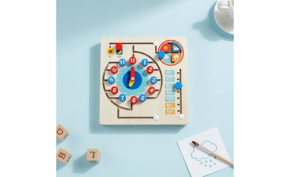 Early Education Time Weather Calendar Board Multi-Functional Wooden Timepiece Maze Maze Rounded Edges for Toddlers, Kids, Classroom
