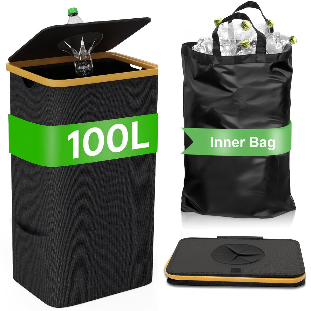 Bamboo Storage Basket with Lid, Foldable Recycling Bin for Bedroom