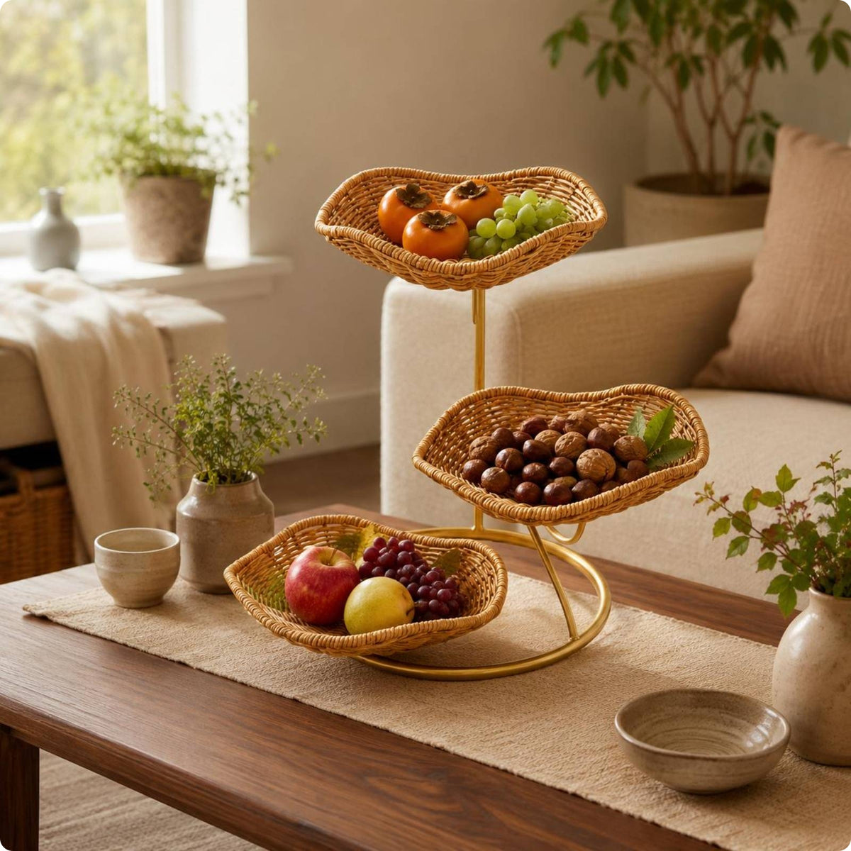 3 Tier Fruit Basket with Metal Stand Shallow Trays Home Organizer Decorative