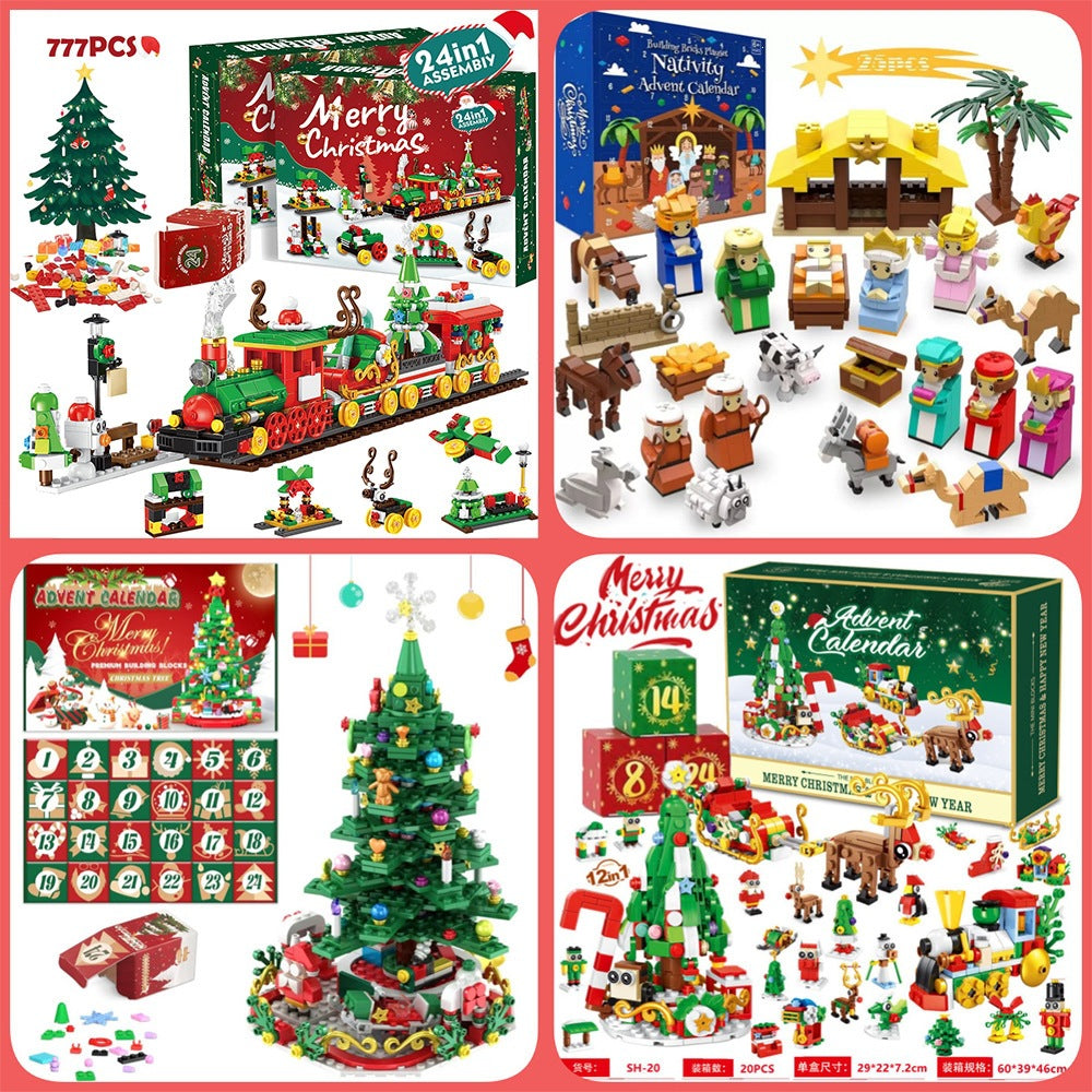 Christmas Advent Calendar Blind Box Building Blocks, 24 Grids, DIY Car and Dinosaur Theme