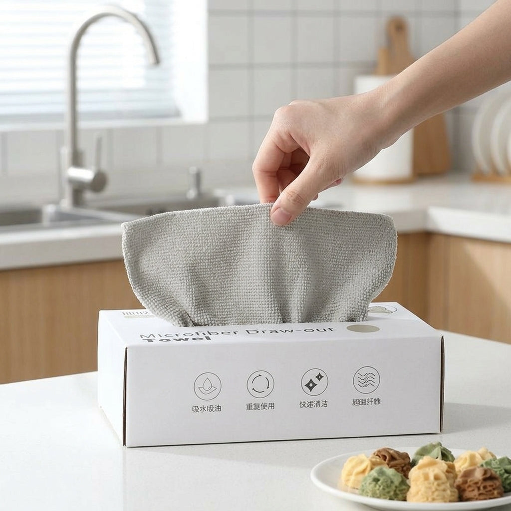 20 Pack Microfibre Cloth in Pull-Box Dispenser, Small Microfibre Cloth for Kitchen, 22x22cm Gray Reusable Cleaning Cloths, 215 GSM