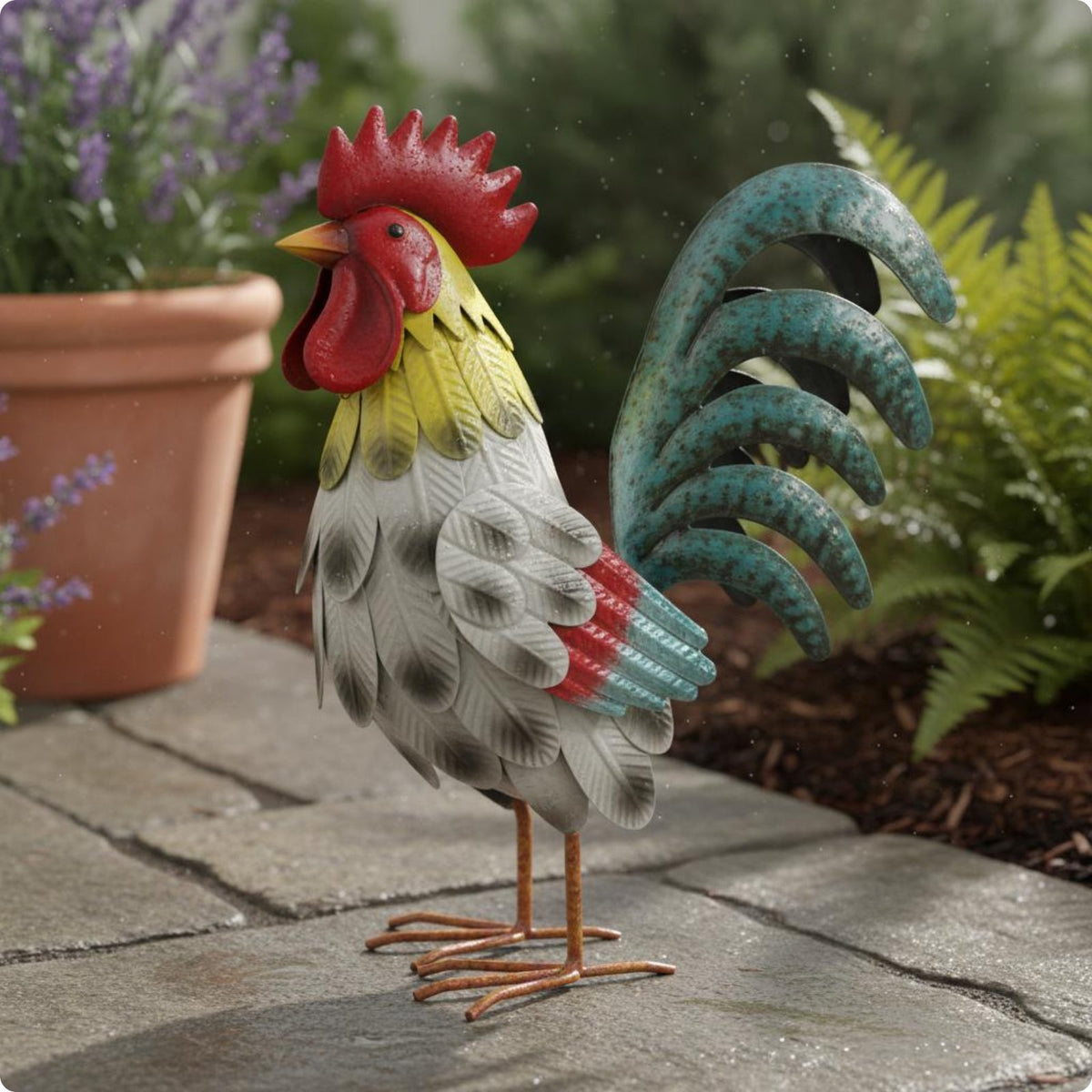 Metal Cockerel Statue Dimensional Textured Chicken Sculpture Weather-Resistant