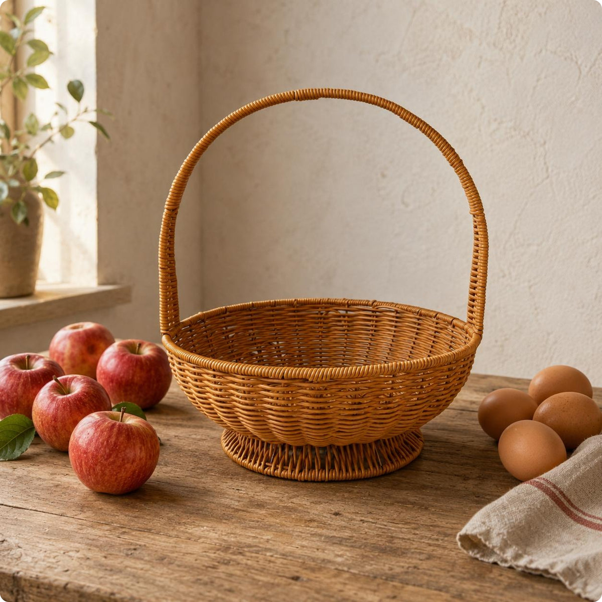Round Wicker Basket Natural Finish Rattan Storage Organizer Raised Base