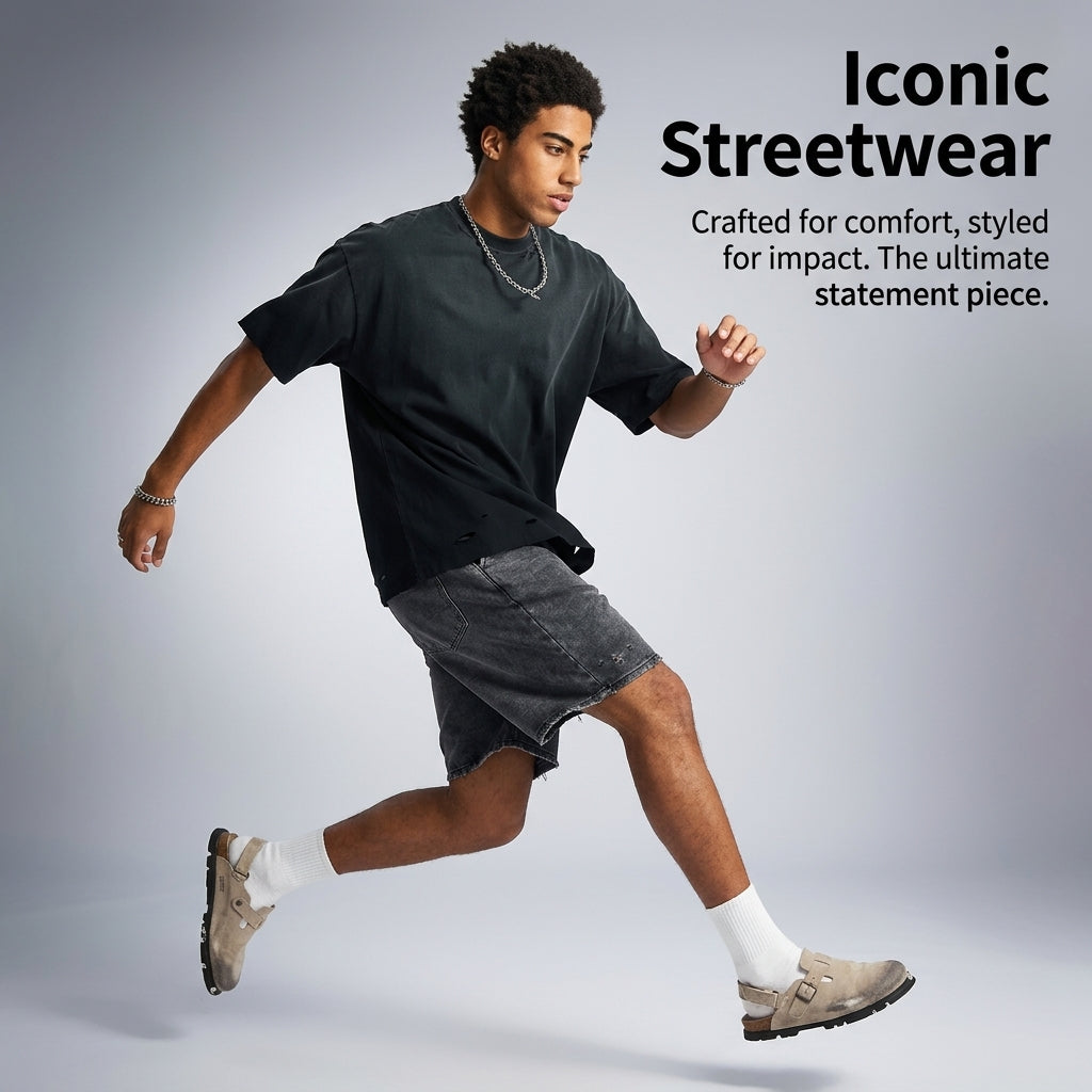 Oversized T-Shirt for Crew Neck, Distressed Spray Dye Loose Fit Tee, Casual Summer Wear for Young Adults, Drop Shoulder Short Sleeve