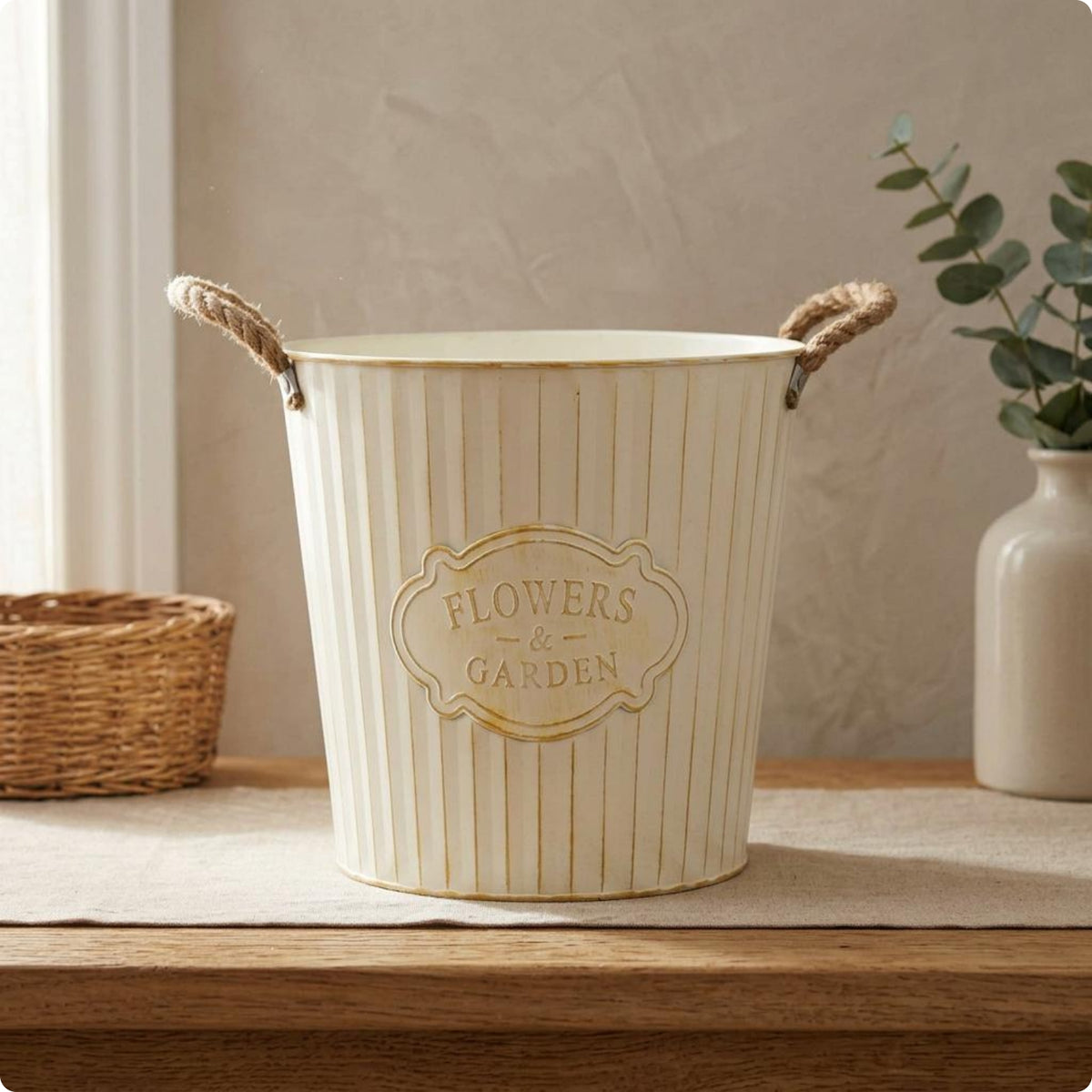 Distressed Metal Pail Planter Embossed Front Panel Decorative Item Rustic