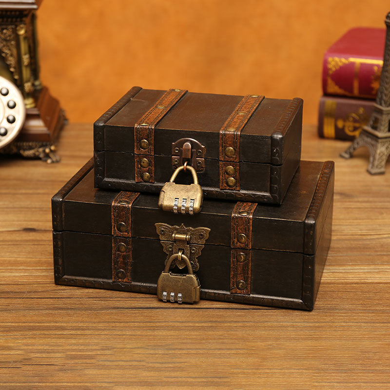 Vintage Wooden Storage Box with Lock for Desktop Organizing