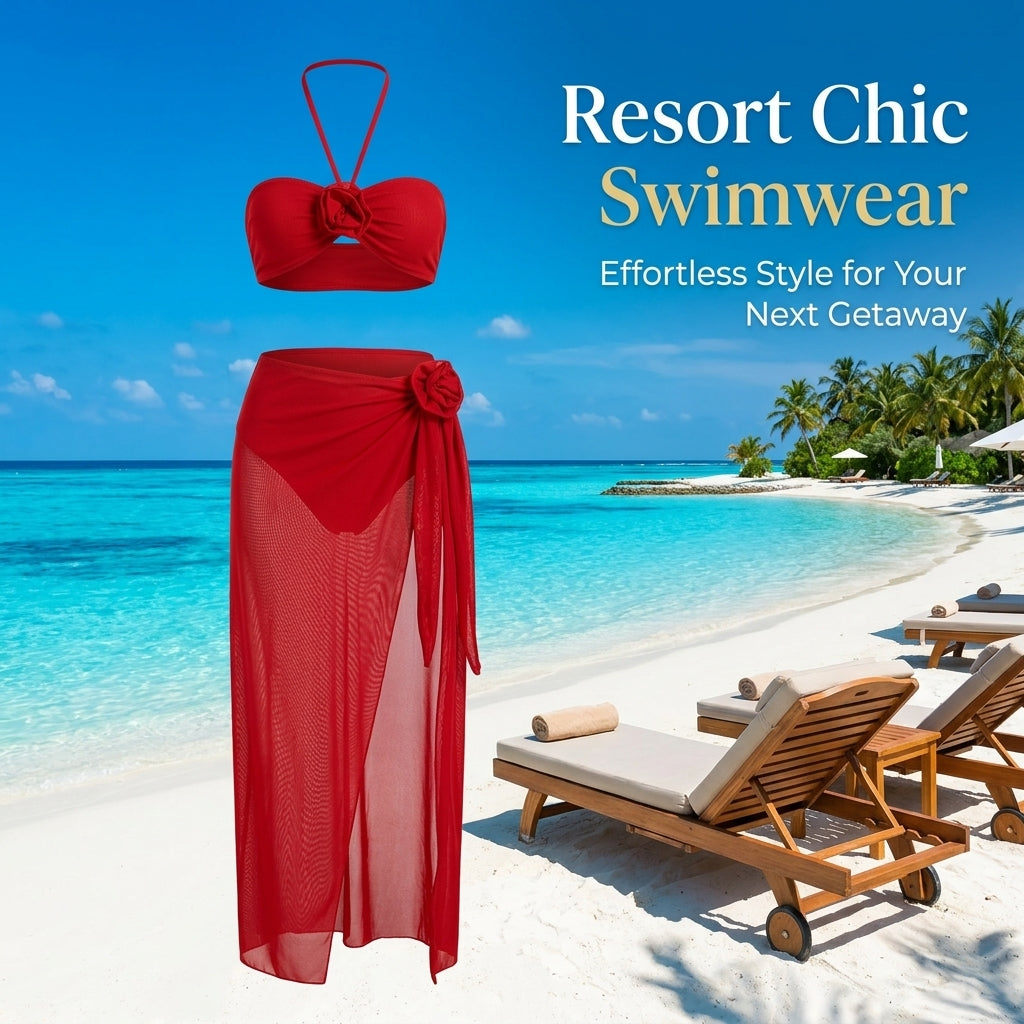 Swimsuit for Girls and Women with Stylish Swimming Costume Design, Three Piece Swim Dress with Padded Bra and Long Skirt for Water Sports