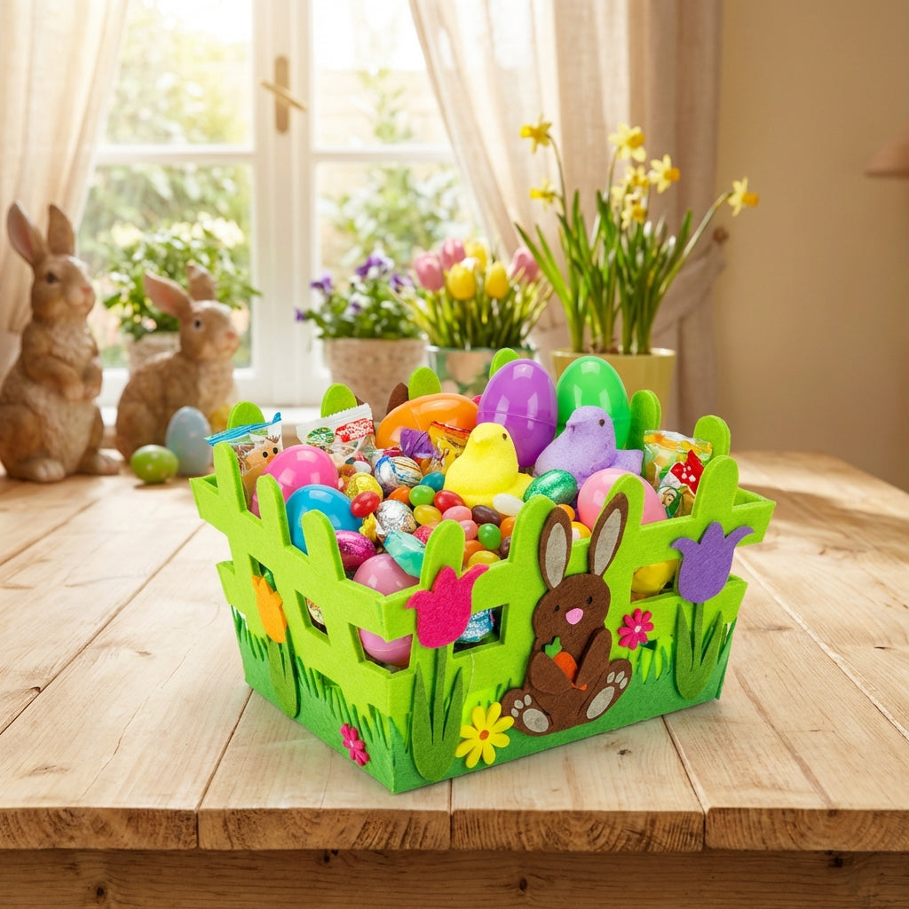 Felt Easter Basket with Handle, 3D Bunny Rabbit Design Egg Hunt Bag, Reusable Spring Gift Tote for Kids Party Favours and Decorations