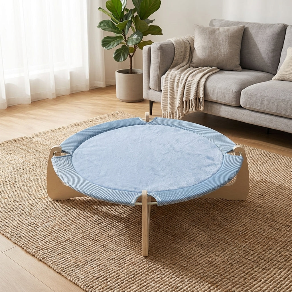 Elevated Cat Bed with Two-Tier Round Woven Design, Wood Cat Hammock with Cooling Mat for Indoor Cats, Raised Bed Indoor Resting Place for Pets