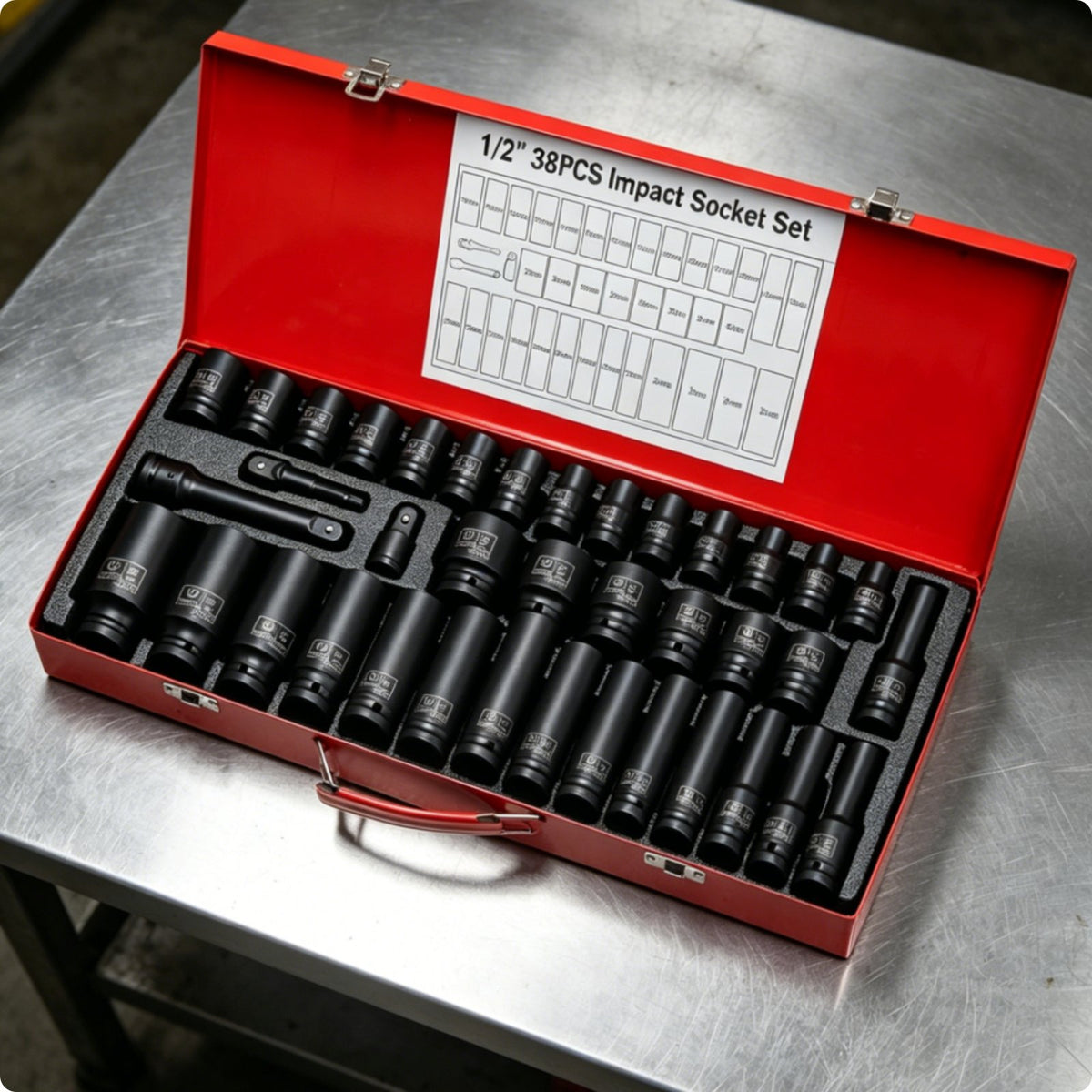 38 Pieces 1/2 Inch Drive Deep Impact Socket Set Extra Long Hex Impact Socket Set Hand Tool for Garage
