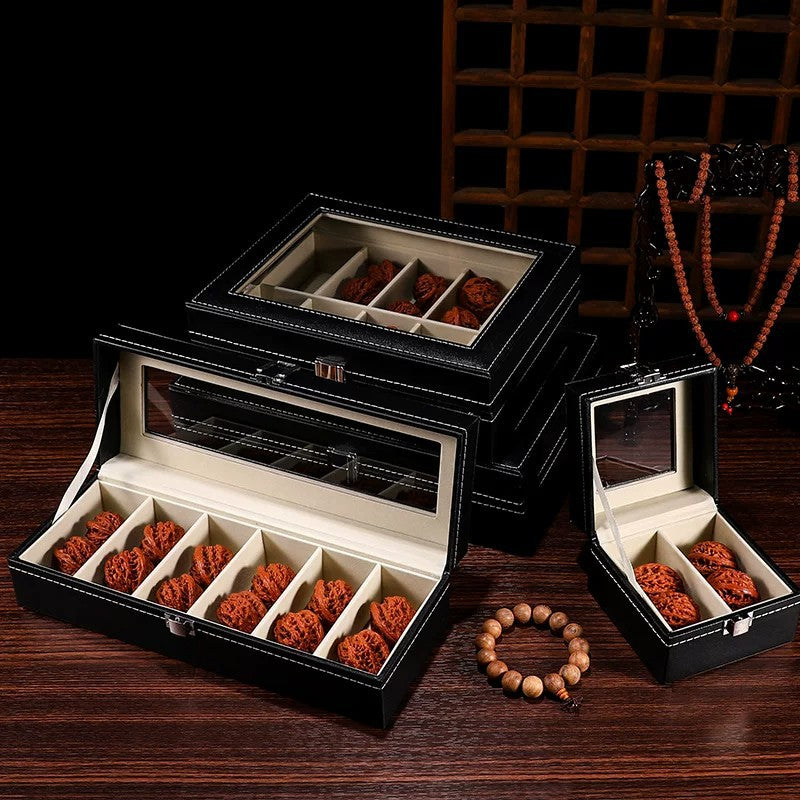Black PU Leather Walnut Display Box with Transparent Lid, Dustproof, for Collectibles
