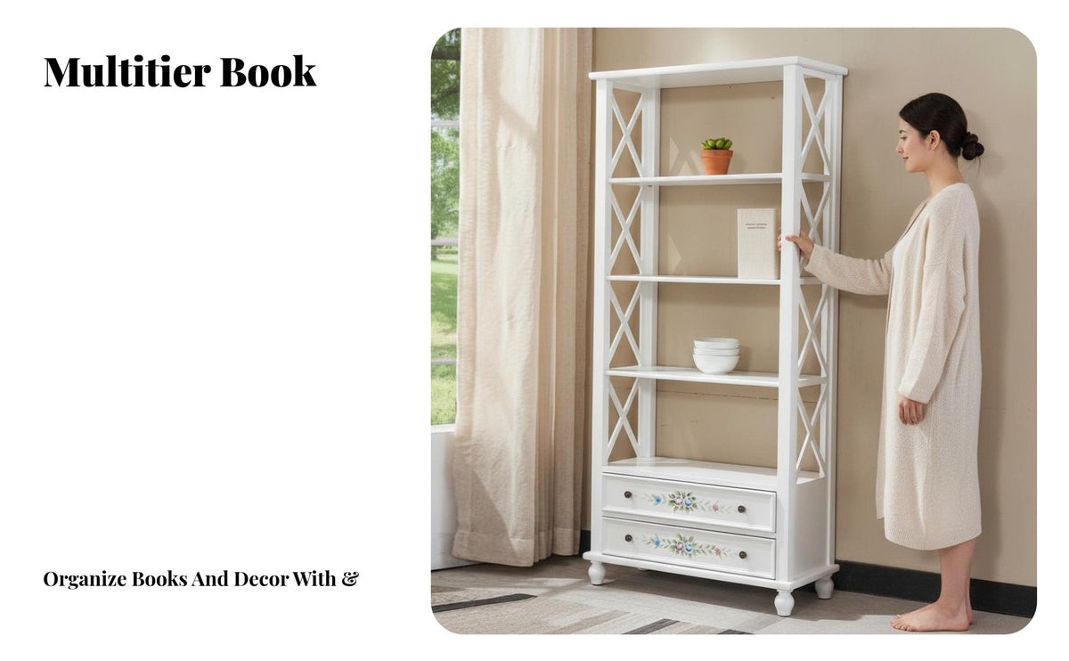 timeless-inspired aesthetic Distressed Painted Etagere accessiblerear Design bookcase adaptable Use Display Shelf Sturdy Construction for Guesthouse Owners, Interior Decorators, Living Room, Home Office, Entryway, Hallway
