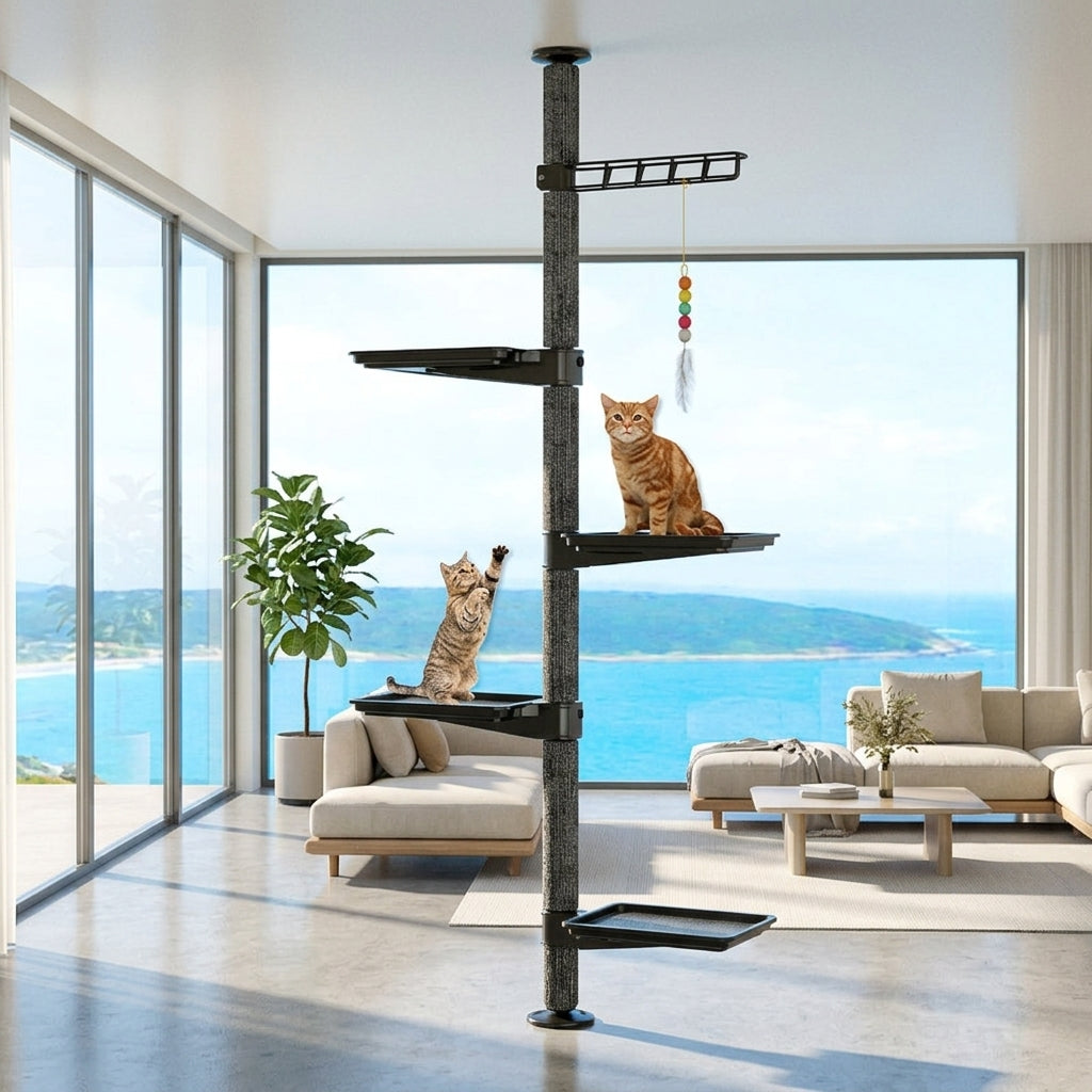 Window Cat Perch Activity Center with Tension Rod, Sturdy Perch Cat Window Type for Large Adult Cats, Space Saving Scratching Pad Perch